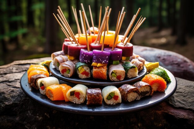 Rolos de sushi variados em um prato com um monte de palitos de dente nas proximidades