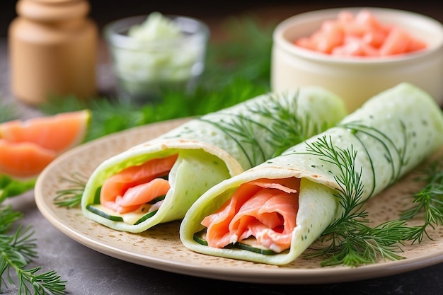 Foto rolos finos de panquecas ou crepes com salmão fumado, creme de queijo, pepino e endro, foco seletivo