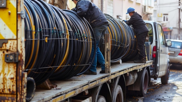 Foto rolos grossos de cabos elétricos sendo descarregados de uma carrinha de entrega para um próximo trabalho de fiação