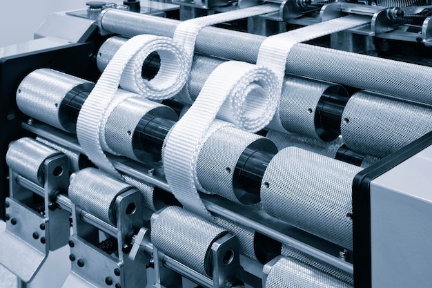 Rolos de hilos textiles sintéticos en la máquina de fabricación de tejidos industriales