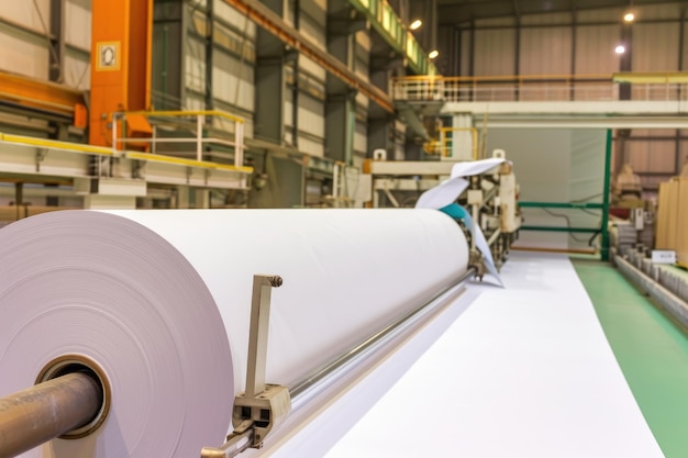 Rolos masivos de papel blanco prístino listos para su uso en un ocupado almacén de producción de impresión Rolos de papel gigantes esperando ser transformados en una imprenta industrial