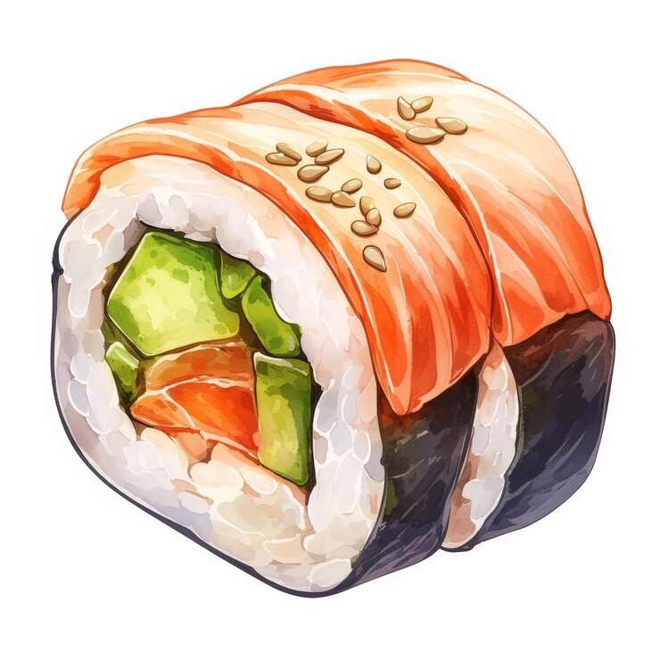 Rolos de sushi de acuarela vibrante Clipart Elementos de alimentos exóticos aislados en fondo blanco