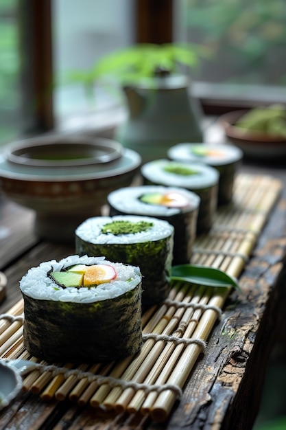Rolos de sushi en una alfombra de bambú en la mesa