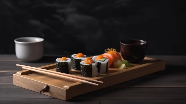 Rolos de sushi en una bandeja de madera cocina japonesa IA generativa