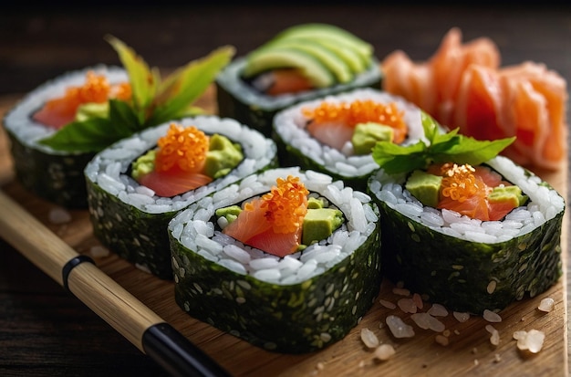 Rolos de sushi con borde de sal de té verde