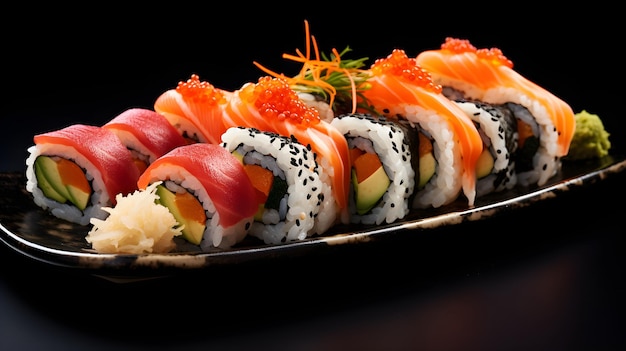 Rolos de sushi de colores servidos en un plato tradicional japonés