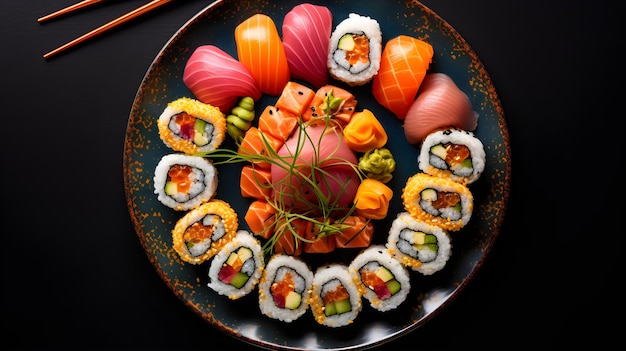 Rolos de sushi de colores servidos en un plato tradicional japonés