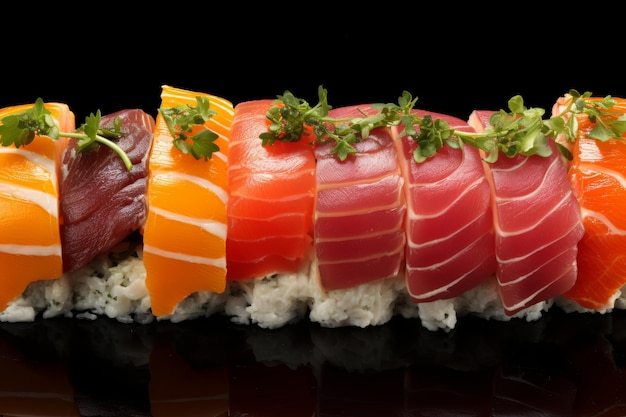 Foto rolos de sushi deliciosos bellamente dispuestos para servir en primer plano en la mesa