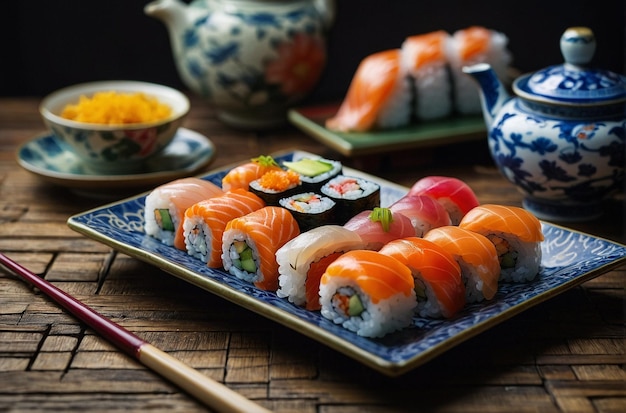 Rolos de sushi dispuestos en un plato con c japonés