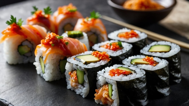 Rolos de sushi servidos con un lado de kimchi picante para un K