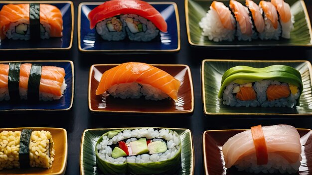 Rolos de sushi servidos en un plato tradicional japonés de cerámica