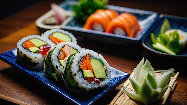 Rolos de sushi servidos en un plato tradicional japonés de cerámica