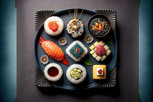 Rolos variados com abacate de atum salmão e conjunto de sushi de arroz