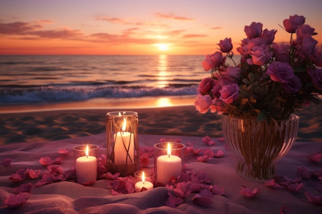 Romance à beira-mar Flores de velas e pôr do sol Ilustração de IA generativa