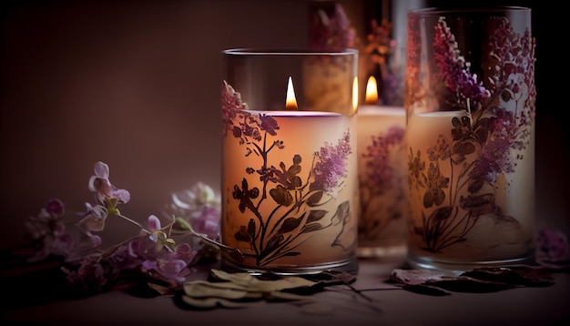 Romance à luz de velas em mesa de madeira com flores geradas por IA