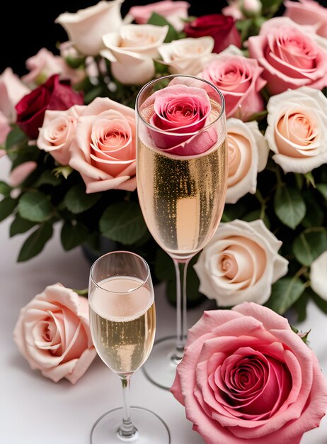 Romance detalhado com rosas de champanhe e corações