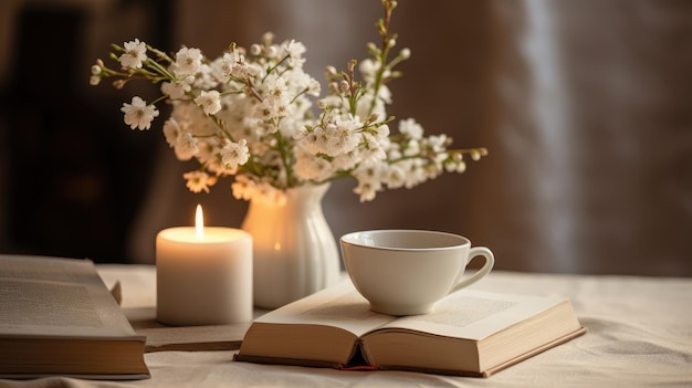 Romance un libro una vela flores y una taza de café en la mesa