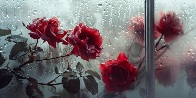 Romance en la lluvia Rosas rojas a través de un vidrio de ventana brumoso