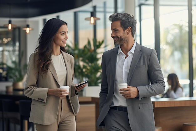 Romance de oficina dos personas que se involucran en un comportamiento coqueteante mientras disfrutan de café