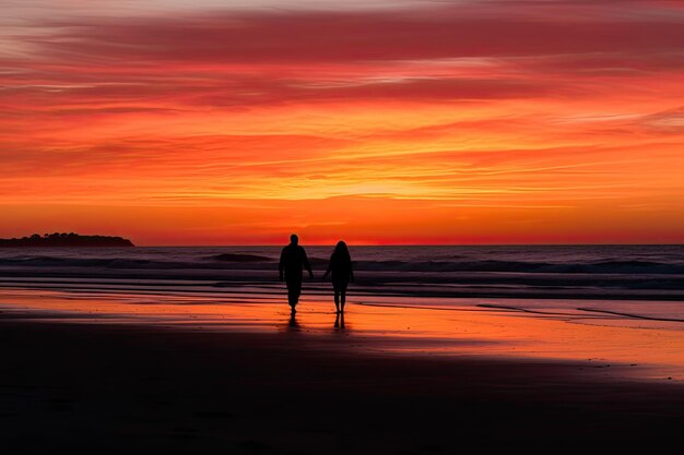 Romance en la playa Una pareja siluetada contra una puesta de sol rosada y naranja abrazándose