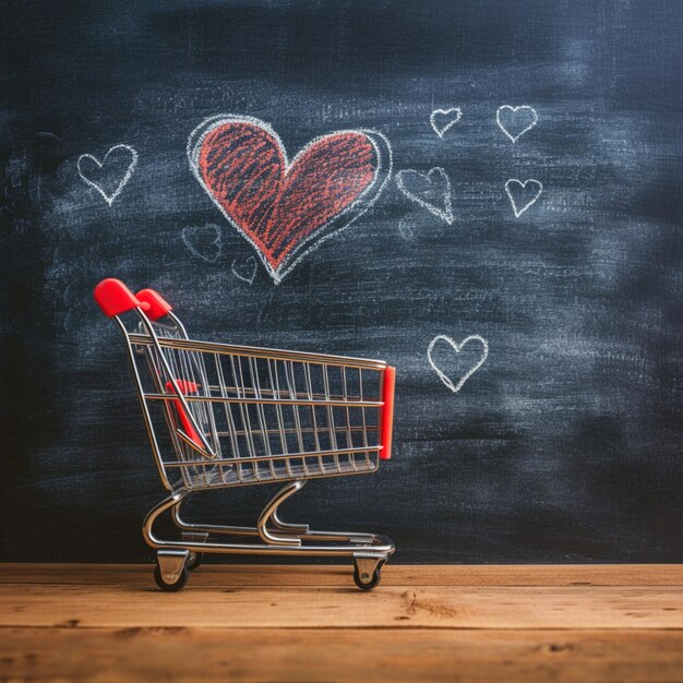 Foto romantic cart herz-droodles begleiten kleinen einkaufswagen auf tafel-hintergrund für soziale medien po