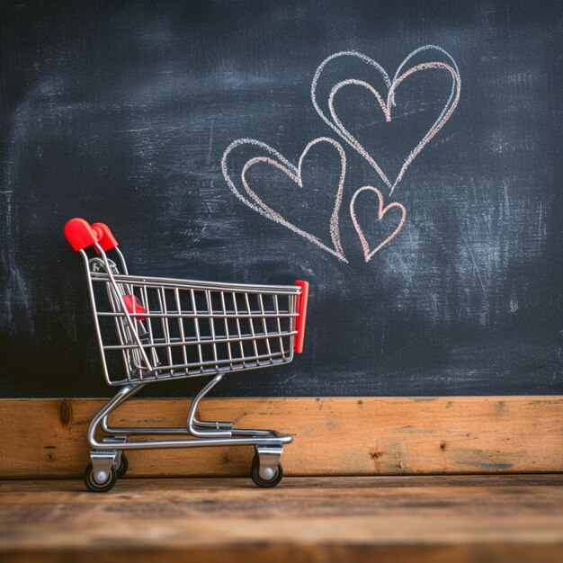 Foto romantic cart herz-droodles begleiten kleinen einkaufswagen auf tafel-hintergrund für soziale medien po