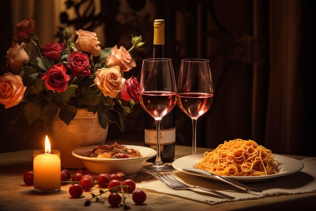 Foto romantic dinner by candlelight two glasses of wine valentines day bloom on the table