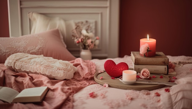 Romántica y acogedora habitación de hotel Una combinación de colores rosa y rojo.
