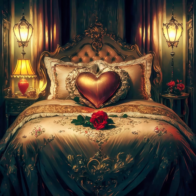 Romántica hermosa decoración de cama de lujo con almohada de corazón lámpara de luz y flor de rosa