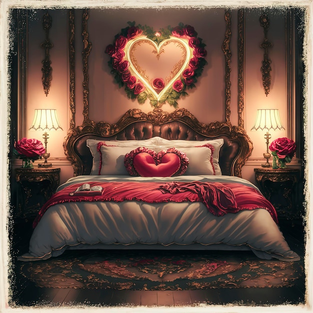 Romántica hermosa decoración de cama de lujo con almohada de corazón lámpara de luz y flor de rosa