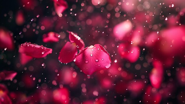Romántica lluvia de pétalos de rosas brillantes con pétalos suaves y rosa R brillante fondo de neón de collage Y2K