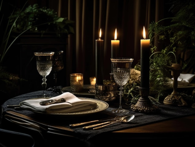 Romántica mesa de comedor romántica a la luz de las velas IA generativa