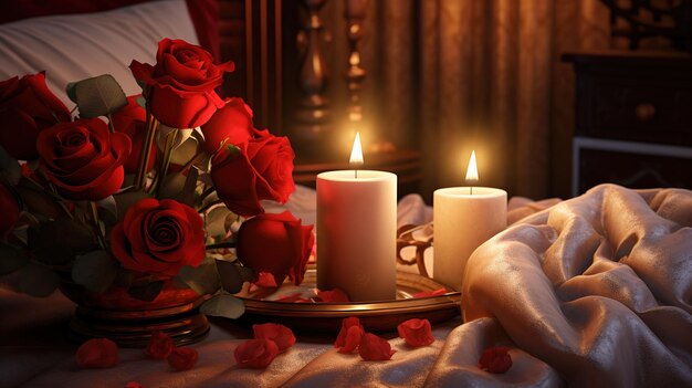 Romántica naturaleza muerta con rosas rojas velas y una cama generada por Ai