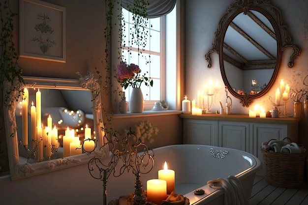 Romántica noche de verano en baño con velas y espejo creado con ai generativo