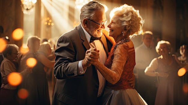 Romántica pareja de ancianos amorosos bailando en una cita