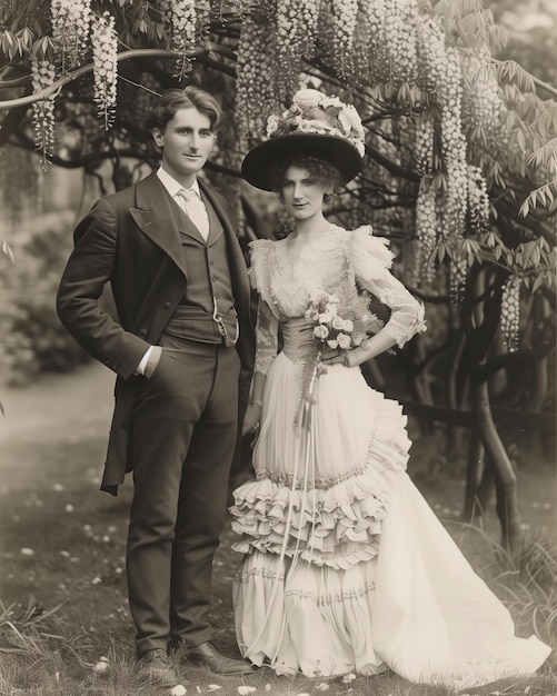 Foto romántica pareja de bodas en el jardín