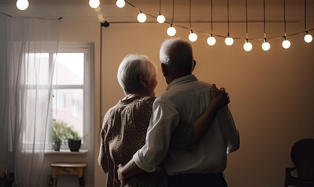 Romántica pareja casada de ancianos esposa y esposo bailando música juntos en la sala de estar IA generativa