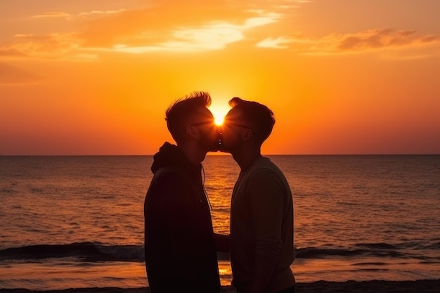 Romántica pareja de hombres homosexuales compartiendo un beso bajo una vibrante puesta de sol en la playa primer plano extremo IA generativa