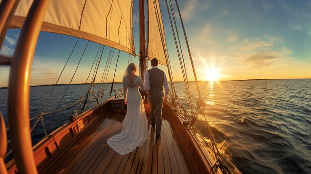 Romántica pareja de recién casados cogidos de la mano en un barco yate al atardecer imagen generada por IA