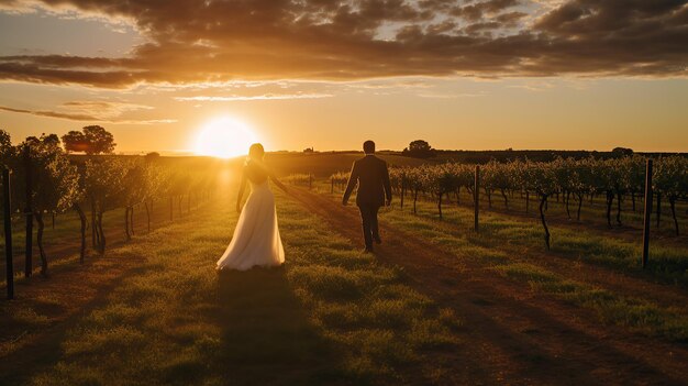 Romántica pareja de recién casados cogidos de la mano en el campo al atardecer imagen generada por IA