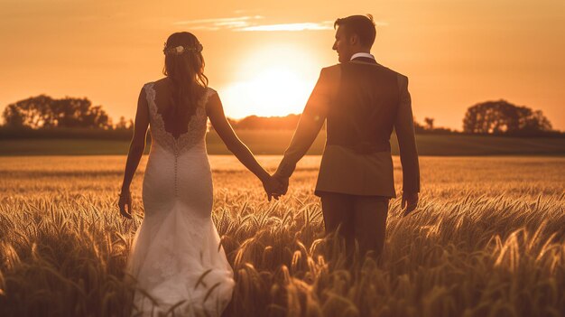 Romántica pareja de recién casados cogidos de la mano en el campo al atardecer imagen generada por IA