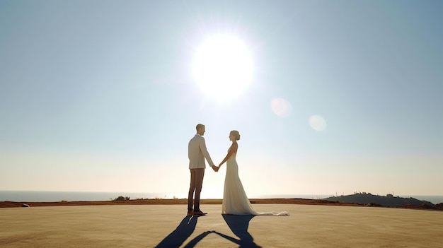 Romántica pareja de recién casados cogidos de la mano en el campo al mediodía imagen generada por IA