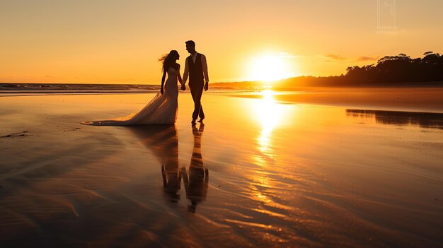 Romántica pareja de recién casados cogidos de la mano en la playa al atardecer imagen generada por IA