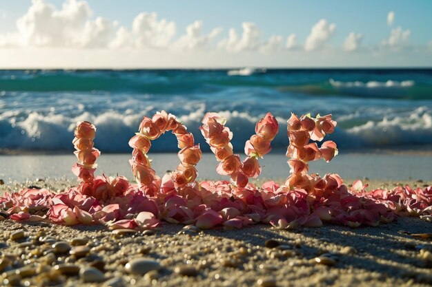 Foto romántica playa de amor pétalos de rosa en la amplia costa pragma