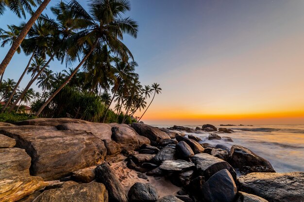 Romántica puesta de sol en una playa tropical con palmeras