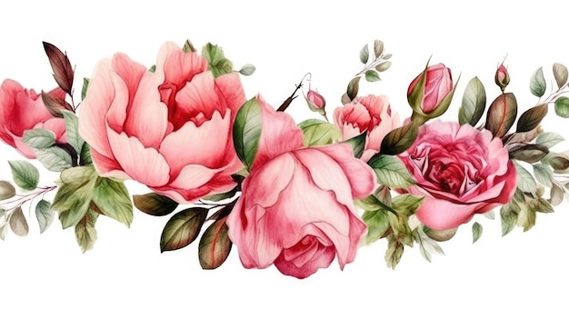 Romântica Rosas Aquarela Rosas e Borda de Folhas para Cartões de Casamento e Comemorativos