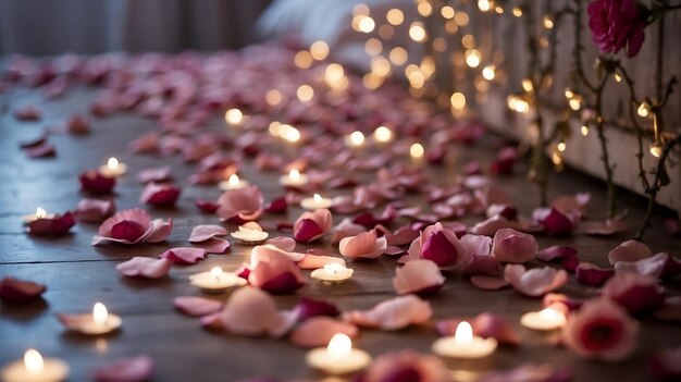 Foto romântica rose petal trail em um quarto twilight foco em rosas para o dia dos namorados