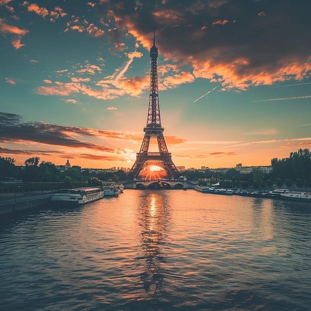 Romántica vista del atardecer de la Torre Eiffel en París
