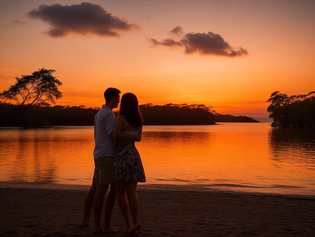 Romántico atardecer del día de San Valentín en el lago