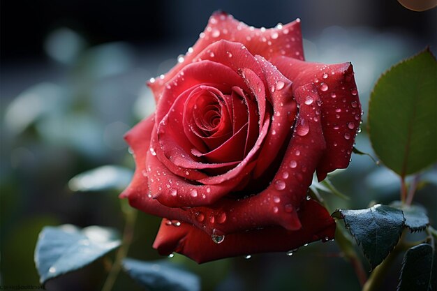 Romántico elegante rosa roja con gotas de rocío en fondo bokeh